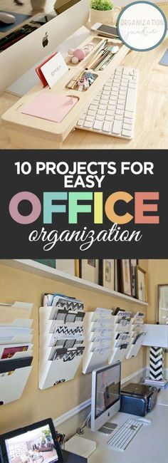 an office with desks, computers and pictures on the wall that says 10 projects for easy