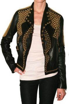 Women Golden Studded Leather Jacket Steam Punk Golden Jacket | Etsy Edgy Studded Leather Jacket For Alternative Fashion, Punk Outerwear With Studs For Alternative Fashion, Edgy Studded Biker Jacket For Alternative Fashion, Edgy Studded Leather Jacket For Streetwear, Gothic Leather Jacket With Studs For Alternative Fashion, Rocker Biker Jacket For Fall Alternative Fashion, Rock Style Leather Jacket With Rivets, Rock Style Leather Jacket With Rivets For Alternative Fashion, Studded Alternative Style Outerwear