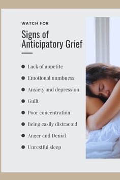 a woman laying in bed with the caption watch for signs of anticipatory gref