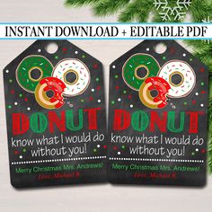 two christmas gift tags with donuts on them