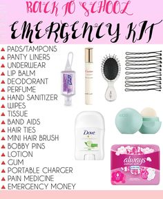 the back to school emergency kit is shown in pink and white with text overlay