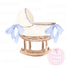 a watercolor drawing of a baby's carriage with blue bows and a hat