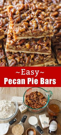 pecan pie bars are stacked on top of each other and ready to be eaten