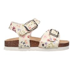 Footbed sandal with two adjustable buckles for an adjustable fit. Vegan Leather upper, Two adjustable straps with buckle closures, Flat heel, Open toe, Cork wrapped contoured footbed, EVA outsole | Girls' Lucky Brand Toddler Blanc Footbed Sandals in White Floral Size 6 - Toddler Sandals Aesthetic, Fit Vegan, Preppy Shoes, Toddler Sandals, Cork Sandals, Footbed Sandals, Children's Fashion, Aesthetic Shoes, Kids Sandals