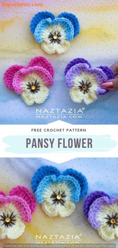 crocheted flowers with the text, free crochet pattern for pansy flower