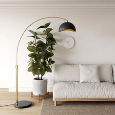 a living room with a couch, lamp and potted plant on the floor next to it