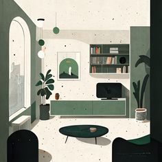 an illustration of a living room with green furniture and potted plants in the corner