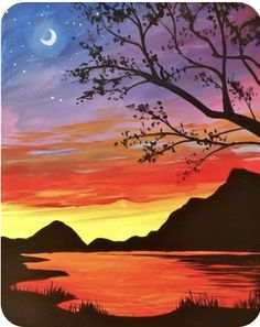 a painting of a sunset with mountains in the background and a tree on the shore