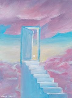 a painting of steps leading to an open door in the sky with pink and blue clouds