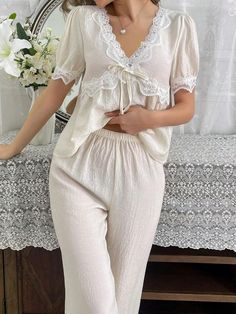 Women's Lace Trim Pajama Set | SHEIN White V-neck Bedtime Set, Cream Lace Trim Sleepwear For Loungewear, White Sets With Lace Trim For Pajama Party, Pajama Set Women, Pajama Sets, Pj Sets, Women Lace, Pajamas Women, Lettuce