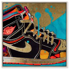 a painting of a pair of sneakers with colorful paint splatters