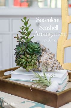 a tray with books and plants sitting on top of a table next to a yellow chair