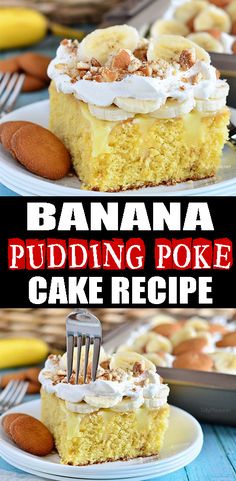 banana pudding poke cake recipe on a plate with a fork