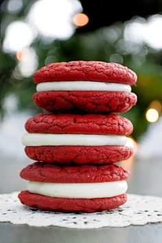 red velvet cookies stacked on top of each other