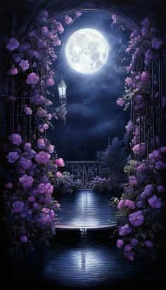 an image of a full moon in the sky over water with flowers and lights on it