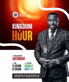 a man in a suit and tie standing next to a poster for the kingdom hour