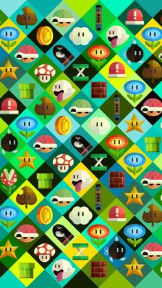 an image of many different colored objects on a green and blue background with white dots