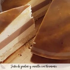 two pieces of cake sitting on top of a table next to each other with the words, both of them are brown and white