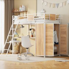 a loft bed with desk and ladder in a child's room