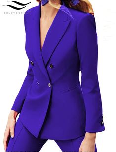 35% Rayon/ 65% polyester Flat Include Blazer + Pants Peak lapel Center Vent Double Breasted 4 Buttons Real pocket Full lined Machine wash / Hand wash Color or size customization please note in the order Womens Suit Vest, Slim Suit Pants, Ladies Blazer, Women's Suits, Fashion Tops Blouse, Beautiful Suit, Peak Lapel, Blazer And Shorts, Business Suit