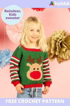 Get started on this DIY project on Reindeer - Kids sweater Crochet Pattern. SIZES 12-18 months (2, 4, 6, 8) years MEASUREMENTS Chest: 55(58.5, 61.5, 67, 72)cm / 21.5(23, 24.5, 26.5, 28.5)” Shoulder to Waist Length: 25.5(27.5, 30.5, 35, 40)cm / 10(10.75, 12, 13.75, 15.75)” Sleeve Length: 21(23, 29, 31, 35) cm / 8.25(9, 11.5, 12.25, 13.75)” PATTERN INFORMATION This ultra cute reindeer jumper is worked from the bottom up, working the front and back panels first and then the sleeves are worked. The reindeer is made using a graph so confidence in following charts is recommended.The pattern for Reindeer - Kids sweater can be downloaded for free Reindeer Jumper, Kids Sweater Pattern, Blue Birthday Parties, Baby Frock Pattern, Frock Patterns, Haken Baby, Xmas Sweater, Holiday Crochet, Baby Diy