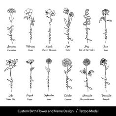 the different flowers and names in each tattoo style, including daisies, tulips,