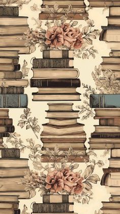 a wallpaper with books and flowers on it