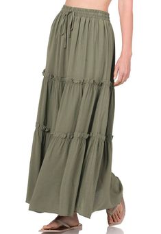 This full-length skirt is designed with an effortless pull-on waistband and a tiered A-line silhouette. This maxi style is made with a soft rayon fabric that's as lightweight as it is lovely, perfect for any day styling. Appx. 37"-38" length. True to Size Functional drawstring Elastic Waistband 100% Rayon WAIST: S- 26" M- 28" L- 30" XL- 32" 1X- 34" 2X- 36" 3X- 38" Ruffle Maxi Skirt, Tiered Maxi Skirt, Full Length Skirts, Ruffled Skirt, Maxi Styles, Rayon Fabric, Drawstring Waist, Maxi Skirt, Midi Skirt