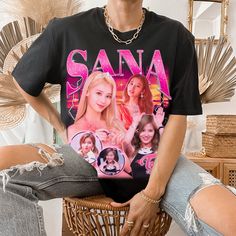 "Twice Sana Retro Bootleg T-shirt - Twice Shirt - Kpop Shirt - Kpop Merch - Twice Clothing - Kpop Gift for he and him - Rap Hip hop Tee This is our unisex shirt, and it's true to size. To get the oversized look, you have to choose +1 or +2 of your original size number. If you're not sure about your size, you can refer to our size chart. Reach out if you have any issues with your order! The unisex heavy cotton tee is the basic staple of any wardrobe. It is the foundation upon which casual fashion grows. The specially spun fibers provide a smooth surface for premium printing vividity and sharpness. No side seams mean there are no itchy interruptions under the arms. The shoulders have tape for improved durability. .: 100% cotton (fiber content may vary for different colors) .: Medium fabric ( Kpop Character Print Short Sleeve Tops, Pink Kpop Tops With Graphic Print, Pink K-pop Style Top With Graphic Print, Twice Tshirt Design, Pink Kpop T-shirt For Summer, Pink Kpop Graphic Print Top, Kpop Style Cotton T-shirt For Concerts, Kpop Style Short Sleeve T-shirt With Screen Print, Sana Fashion