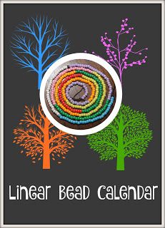 a bowl filled with beads next to trees and the words linear bead calendar on it