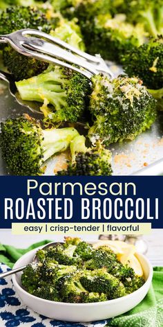 broccoli with parmesan and roasted broccoli in a white bowl