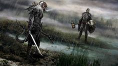 two fantasy creatures walking in the rain