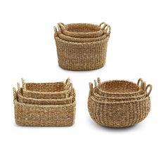 four woven baskets with handles are shown in three different sizes and colors, one is brown