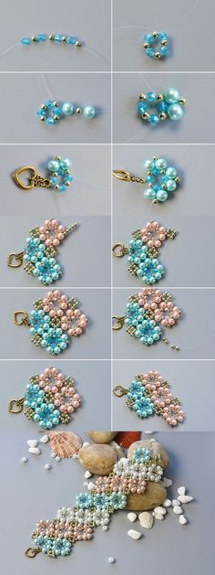 the steps to make beaded bracelets with beads and pearls are shown in several different ways