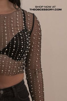 Black long sleeve mesh top with pearls and rhinestones