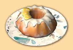 there is a bundt cake with lemons on the top and icing drizzled over it