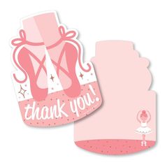 a pink ballerina thank you card with a ballet shoe on the front and bottom