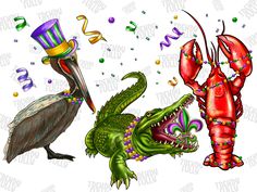 two alligators and a seagull are dressed up for mardi gras