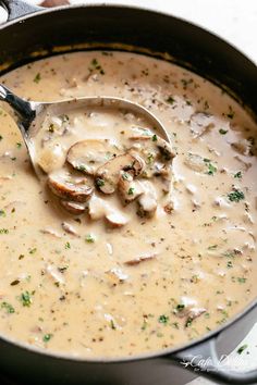 a ladle full of creamy chicken and mushroom soup