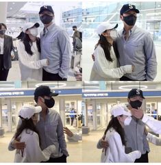 two people wearing blindfolds while standing next to each other in front of an airport