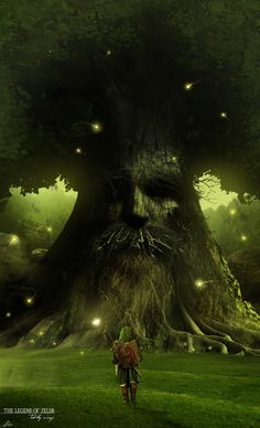 a man standing in front of a giant tree with fireflies flying around it's head