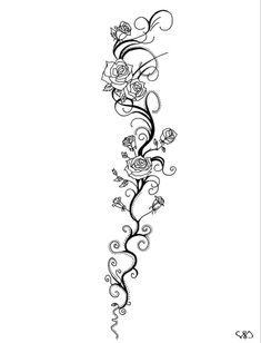 a tattoo design with roses and swirls on the bottom half of it, in black ink