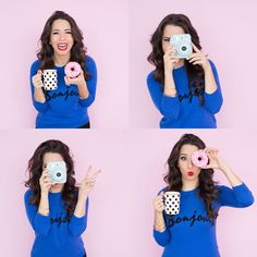 four photos of a woman holding a camera and taking pictures with doughnuts in front of her face