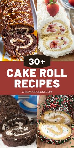 cake roll recipe with chocolate frosting and sprinkles on the top, surrounded by other desserts