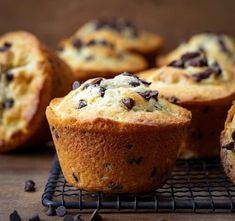 chocolate chip muffins cooling on a wire rack