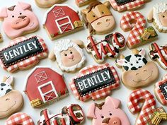 decorated cookies with farm animals and words on them