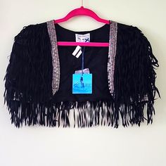 Nwt Yoana Baraschi Blue Fringe And Beaded Crop Jacket Fitted Fringe Outerwear For Parties, Fitted Party Outerwear With Fringe, White Lace Jacket, Crop Coat, Womens Black Coat, Cropped Coat, Trench Dress, Cropped Blazer Jacket, Black And White Tweed