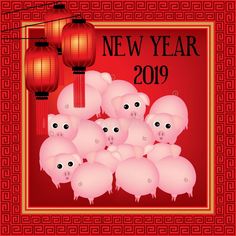 a chinese new year card with pigs and lanterns on the red background royalty illustration stock illustration