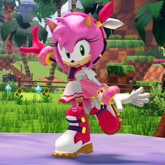 sonic the hedgehog is playing in an animated video game, and it looks like she's about to fall off her skateboard