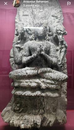 a stone statue is on display in a glass case